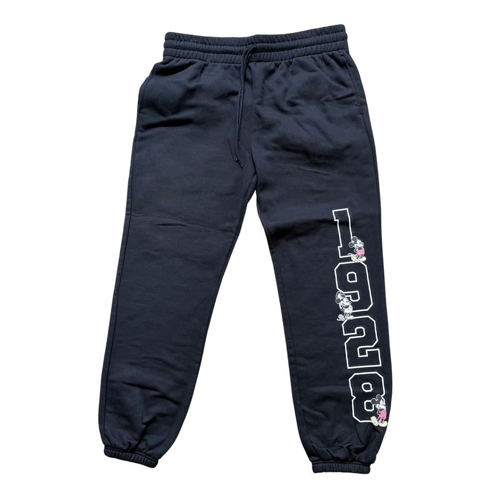 Mickey Mouse Jogger Sweatpants Women L Black Disney 1928 Graphic Fleece Pockets